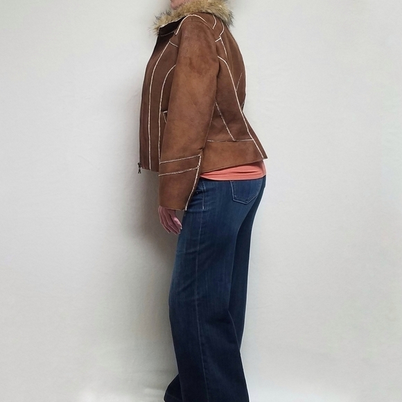 VINTAGE 90s Toffee Faux Suede Faux Fur Zip-Sleeve Full-zip Fleece Lined Jacket - Picture 3 of 13